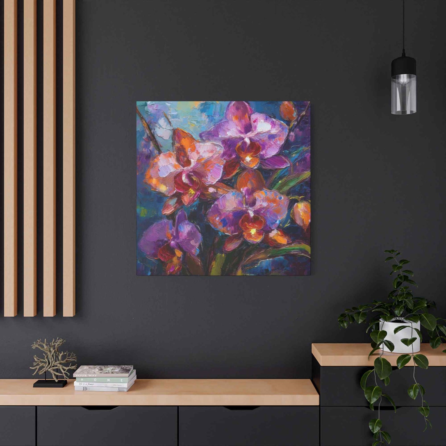 Purple Orchids Print Canvas, Floral Oil Paint Print 20x20, 24x24, 30x30, 32x32, 36x36 Art Design Pine-Wood Inner Frame MC-132