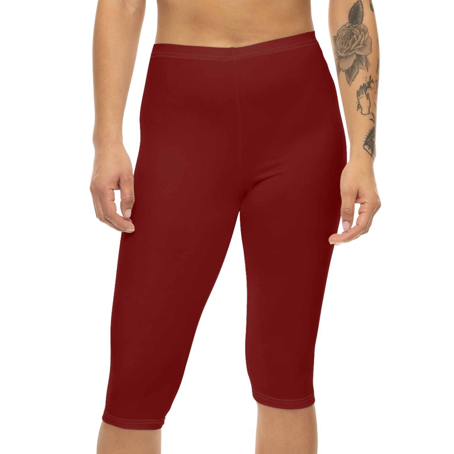 Maroon Color Women's Brushed Suede Poly Span Casual Capri Leggings XS-2XL