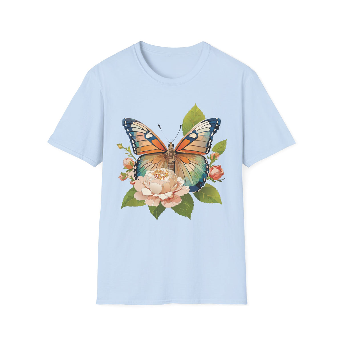 Butterfly Floral T-Shirt — Watercolor Monarch & Roses Graphic Tee Unisex 100 Cotton Gildan T-Shirt