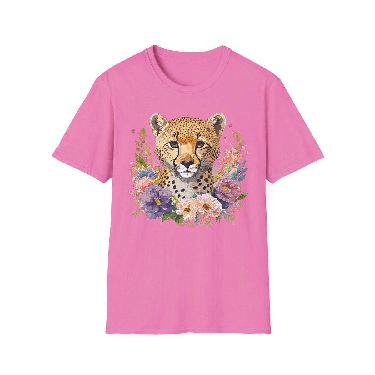 Floral Cheetah Face T-Shirt | Leopard Portrait Tee, Botanical Illustration