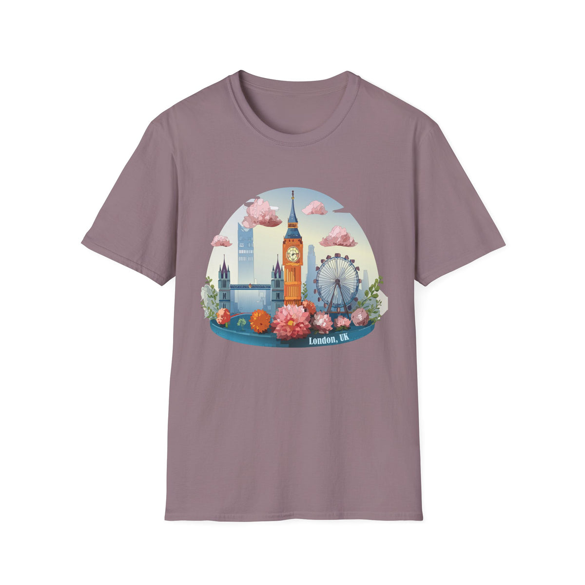 Whimsical London Skyline T-Shirt | Big Ben, London Eye, pastel clouds