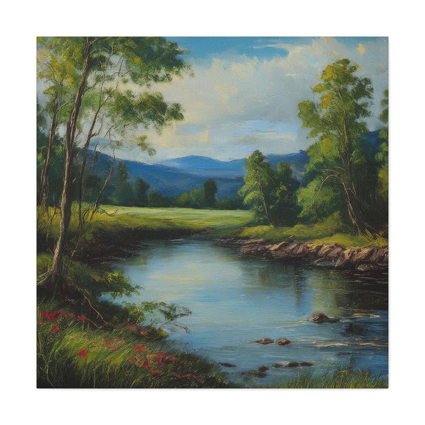 River Print Canvas, Landscape Oil Paint Print 20x20, 24x24, 30x30, 32x32, 36x36 Art Design Print Pine-Wood Inner Frame MC-53