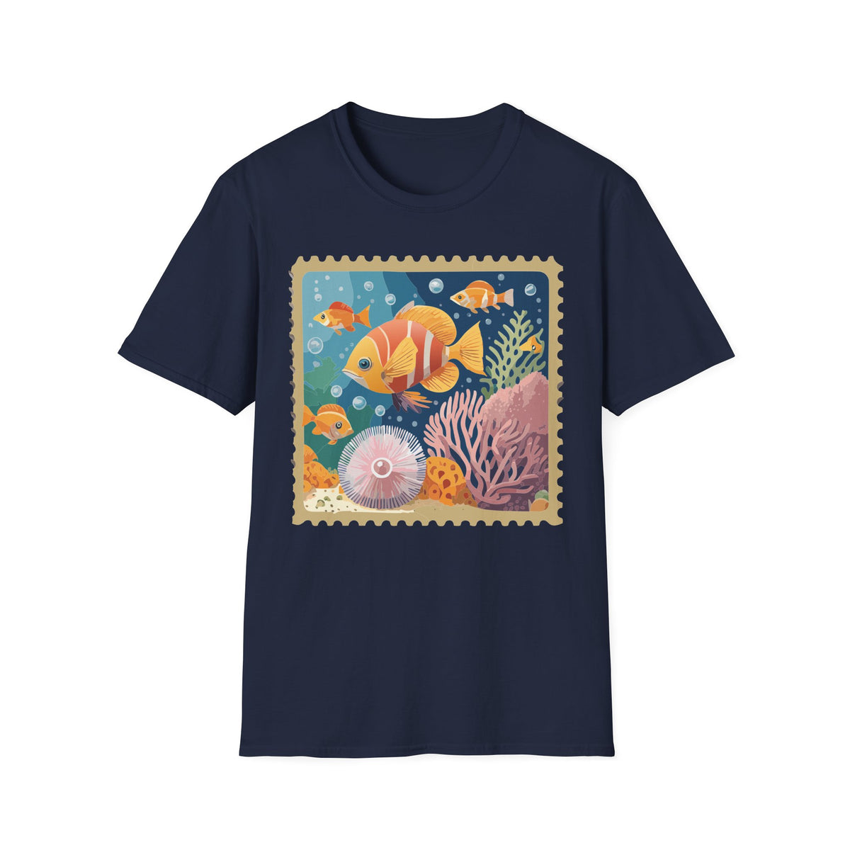 Tropical Clownfish Stamp Tee | Fish Reef Illustration Graphic Tee Unisex 100 Cotton Gildan T-Shirt