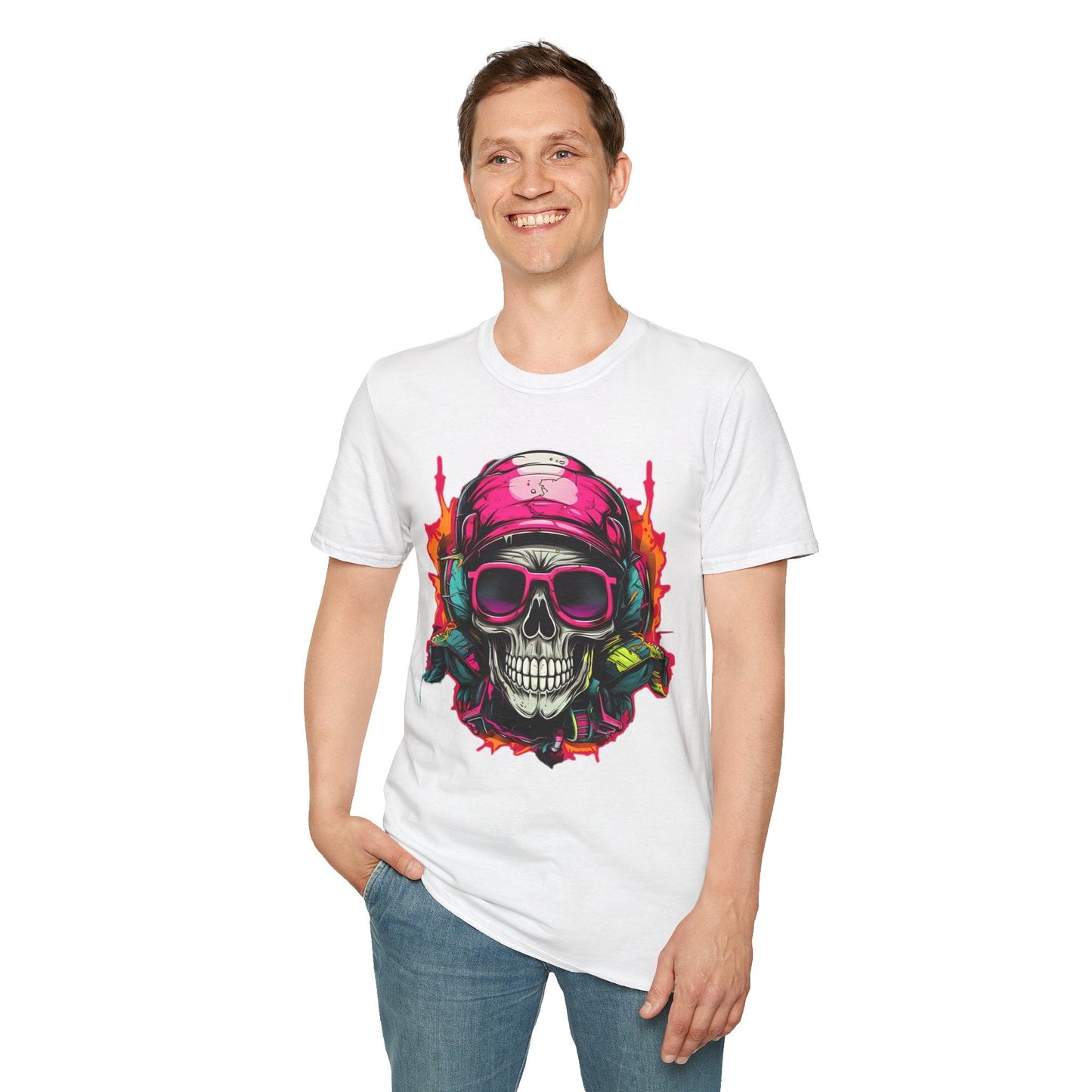 Unisex Skull Tee Shirt With Skeleton Design Gildan Softstyle 64000 Ring Spun Cotton