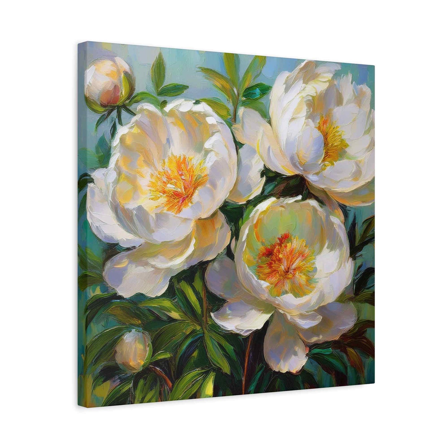White Peonies Print Canvas, Floral Oil Paint Print 20x20, 24x24, 30x30, 32x32, 36x36 Art Design Pine-Wood Inner Frame MC-117