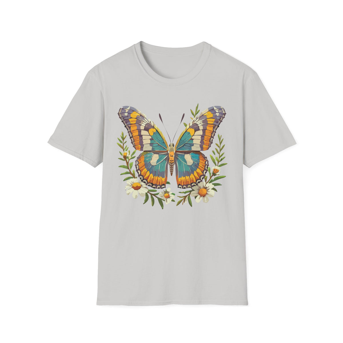 Teal Orange Butterfly T-Shirt | Floral Butterfly Illustration Graphic Tee Unisex 100 Cotton Gildan T-Shirt