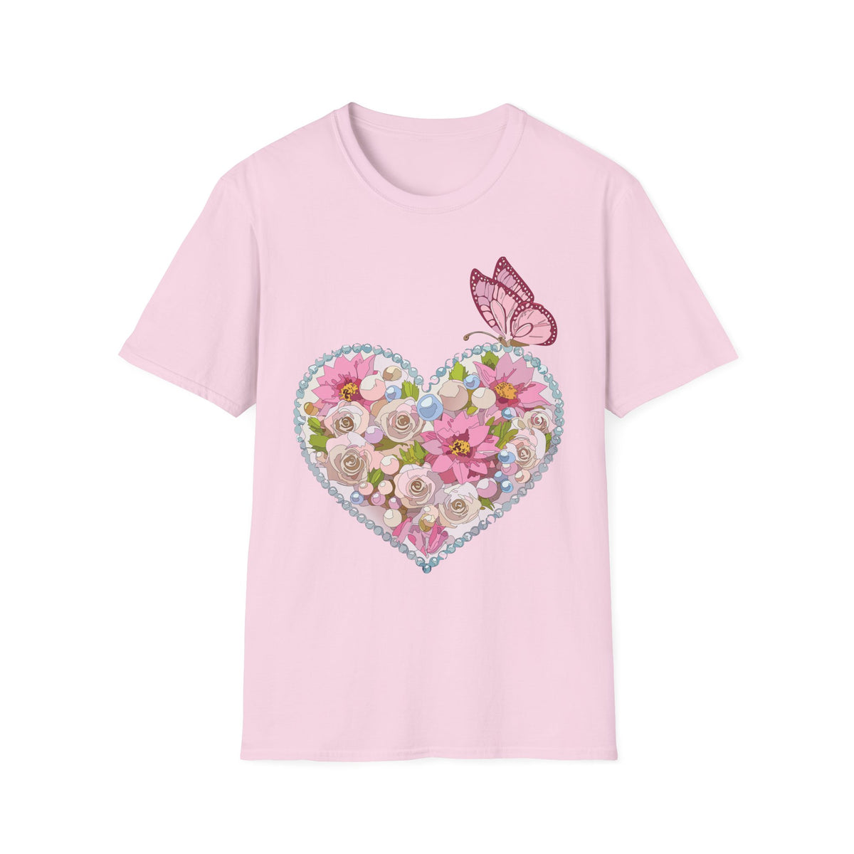 Floral Heart with Butterfly T-Shirt | Pink Flower Heart Graphic Tee Unisex 100 Cotton Gildan T-Shirt