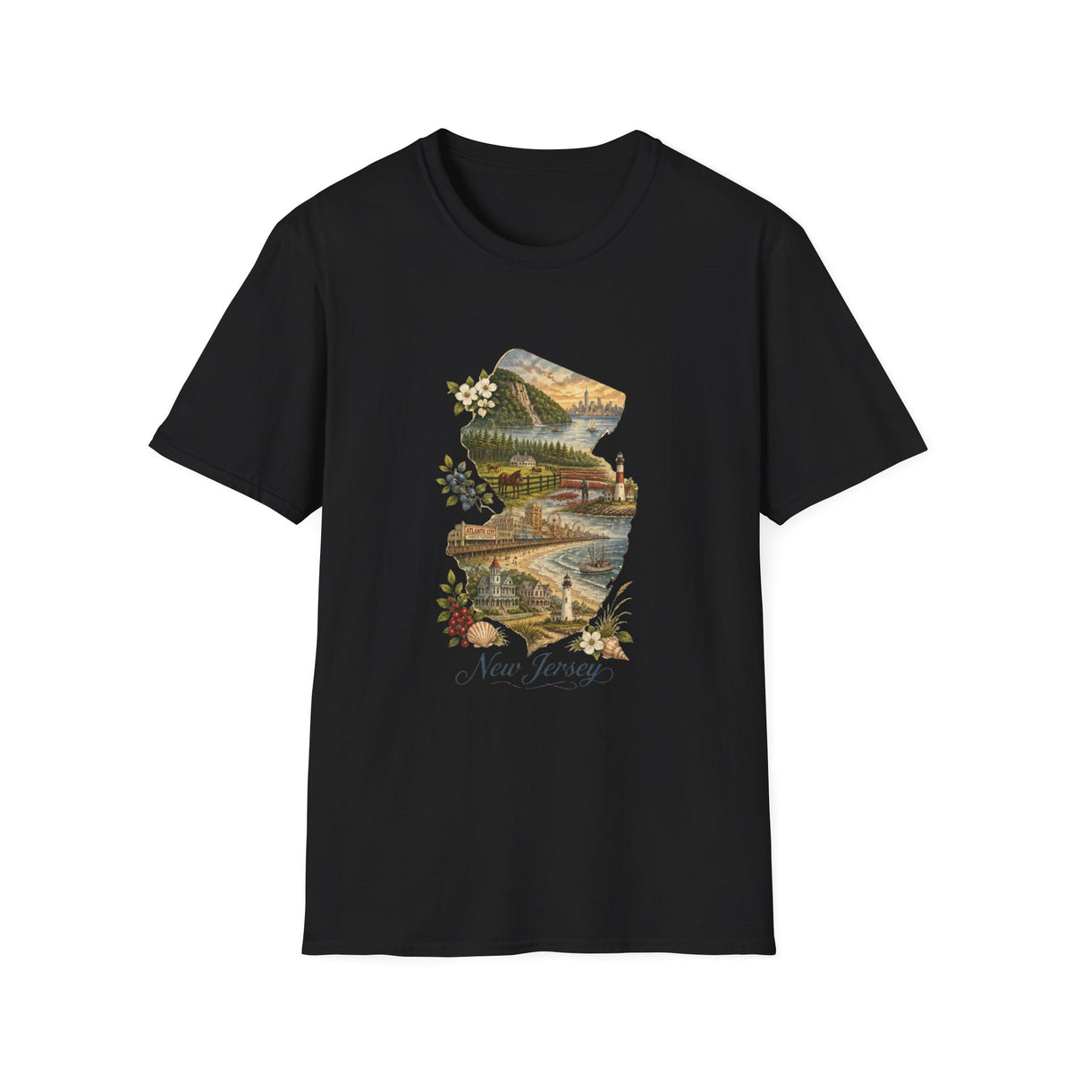 New Jersey Scenic Map T-Shirt — Vintage Travel Tourist Graphic Design Unisex 100 Cotton Gildan T-Shirt