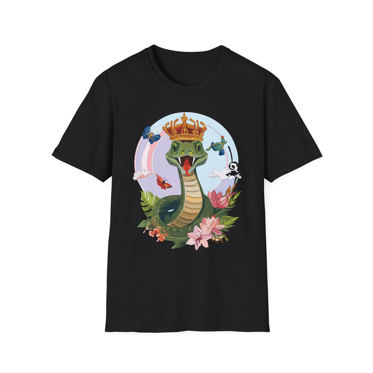 Crowned Snake Illustration T-Shirt | Regal Snake with Crown and Butterflies
