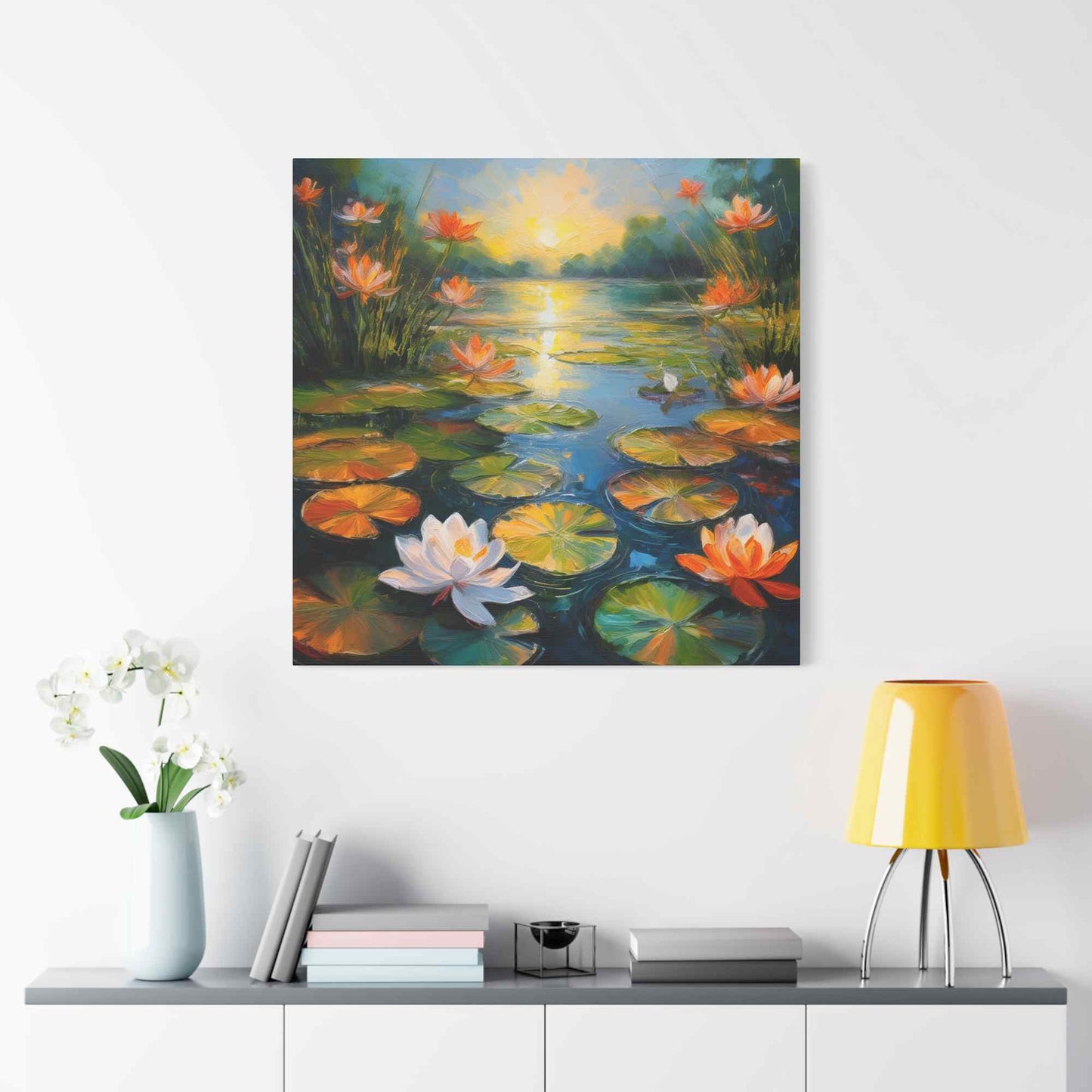 Water Lilies Print Canvas, Oil Paint Print 20x20, 24x24, 30x30, 32x32, 36x36 Art Design Print Pine-Wood Inner Frame MC-63