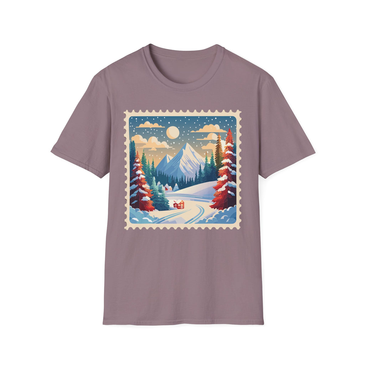 Vintage Winter Mountain Scene T-Shirt | Snowy Peaks Forest Illustration