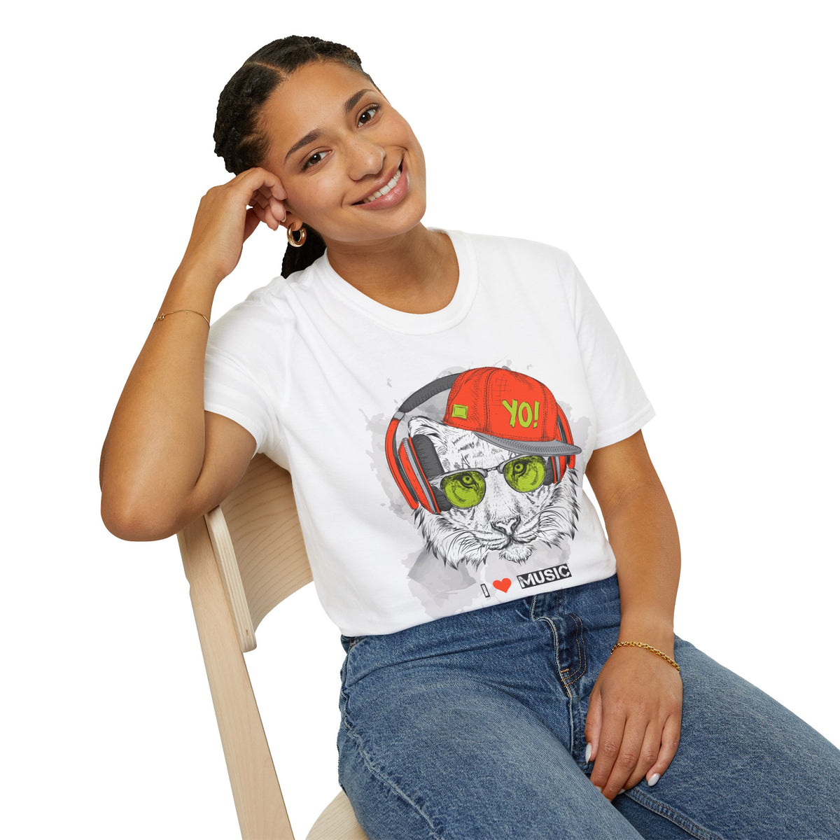 Tiger with Headphones T-Shirt Unisex Cotton Short Sleeves I  Music Graphic Tee