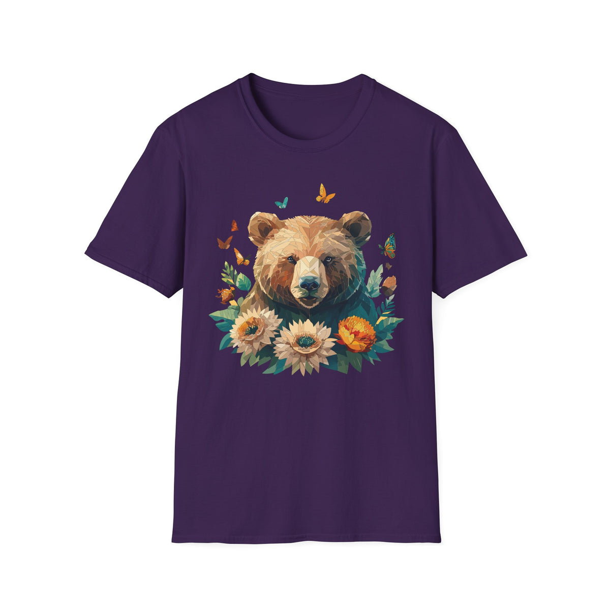 Floral Bear Illustration T-Shirt | Bear with Sunflowers and Butterflies