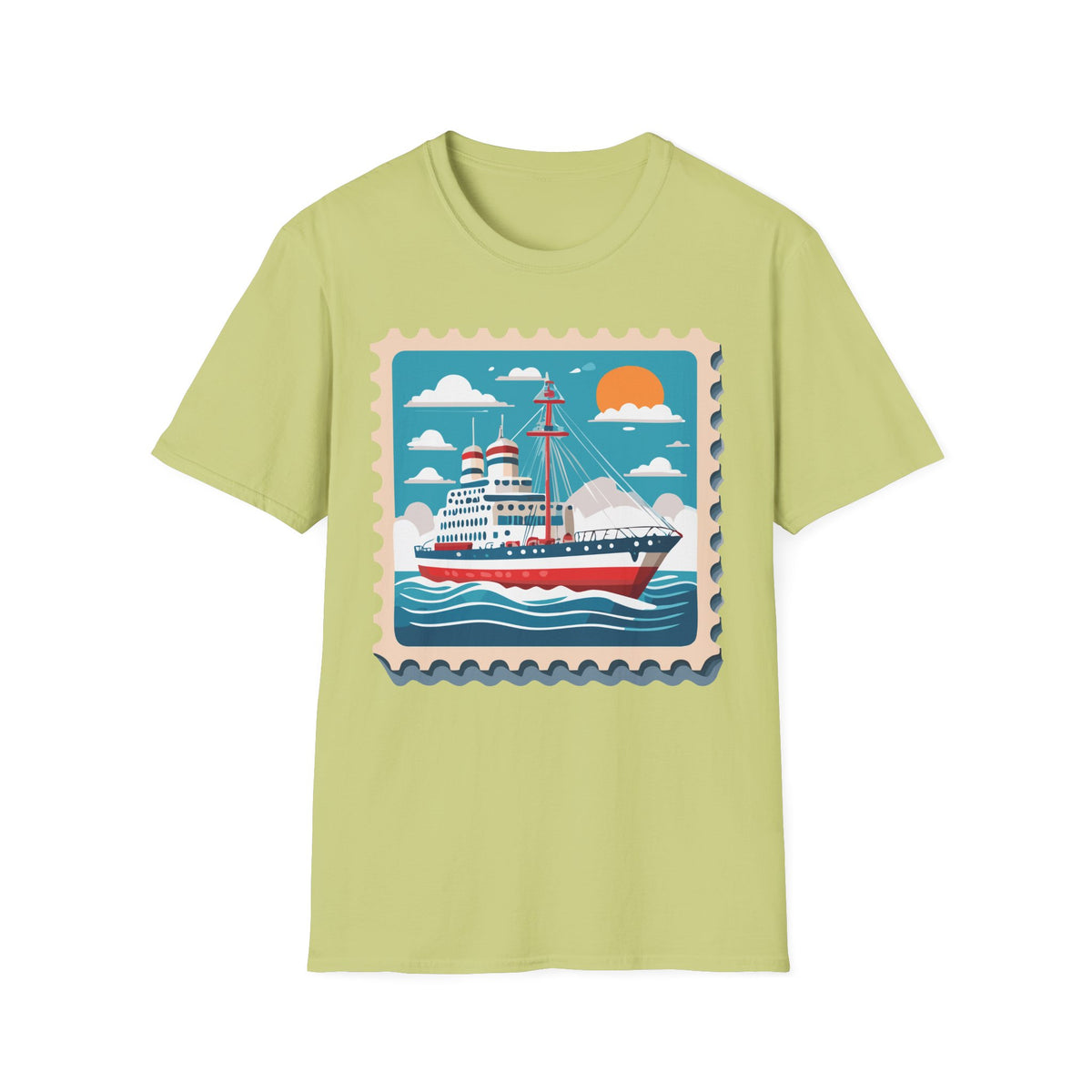 Vintage Cruise Ship Stamp T-Shirt | Nautical Ocean Sunset Design
