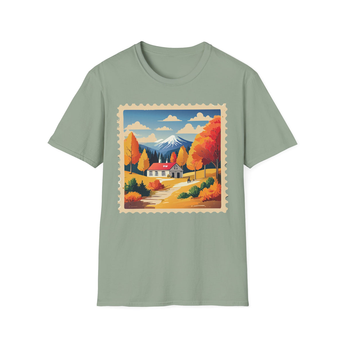 Autumn Mountain Cabin T-Shirt | Fall Landscape Stamp Art