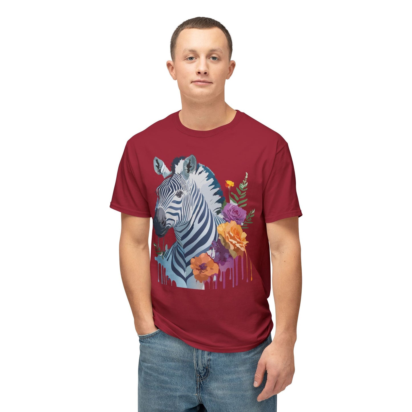 Unisex Zebra T Shirt With Floral Art Print Premium HD Cotton Jersey Tee Made In USA