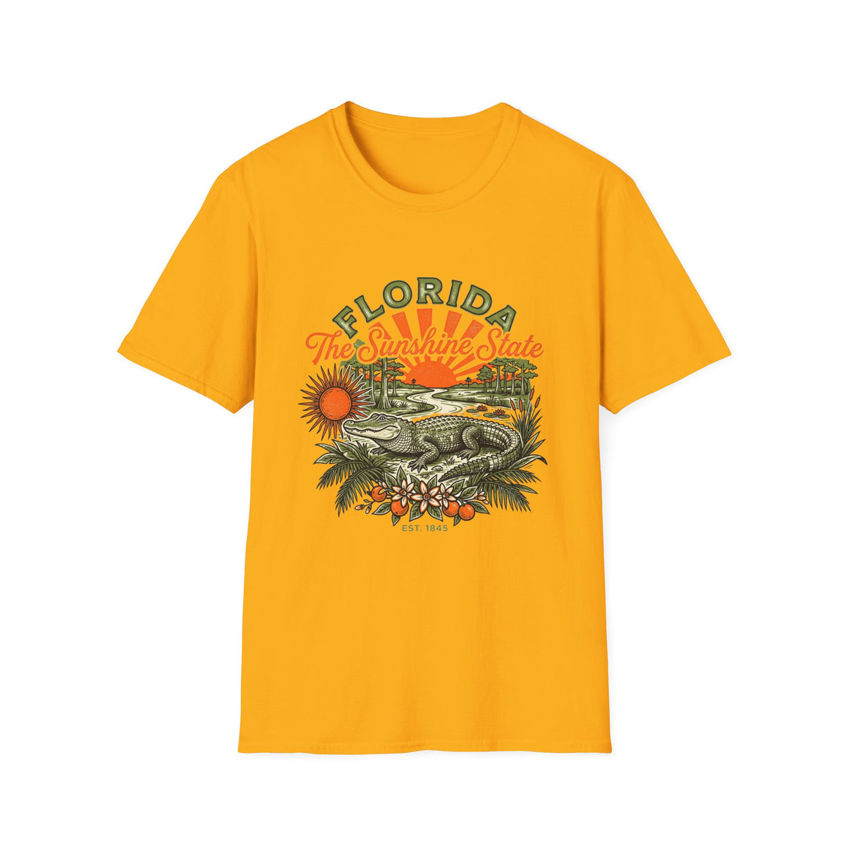 Florida Vintage Alligator T-Shirt — The Sunshine State Travel Tourist Graphic Design Unisex 100 Cotton Gildan T-Shirt