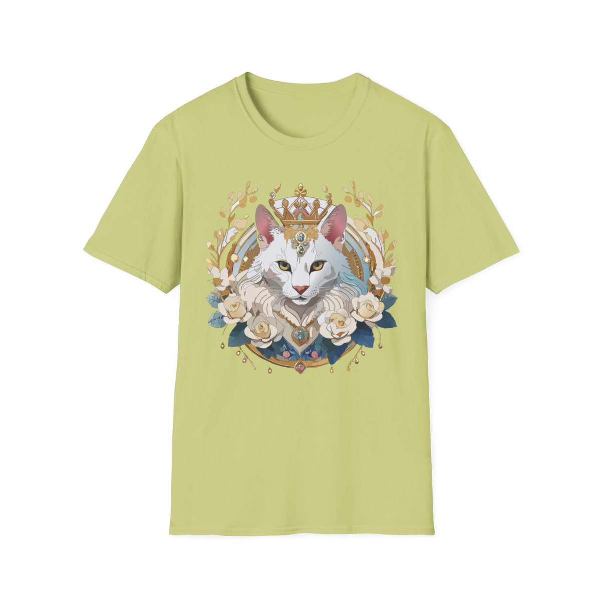 Regal White Cat Illustration T-Shirt | Crowned Feline, Floral Frame