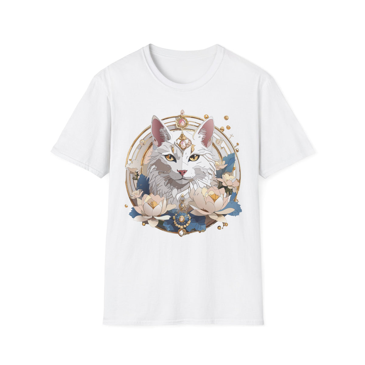 Mystic Moon Cat T-Shirt | Crescent, Floral, Magical Cat Portrait