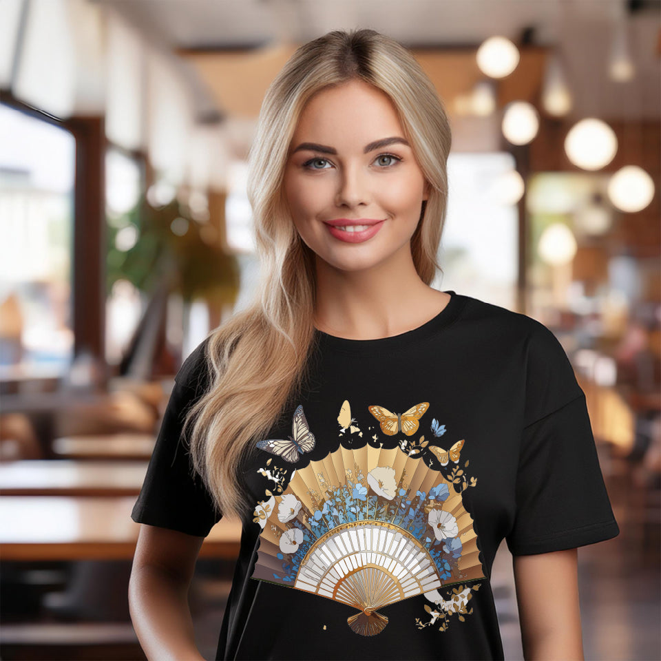 Antique Fan Graphic Design T-Shirt Unisex 100 Cotton Floral Carnival Artwork Tee 1