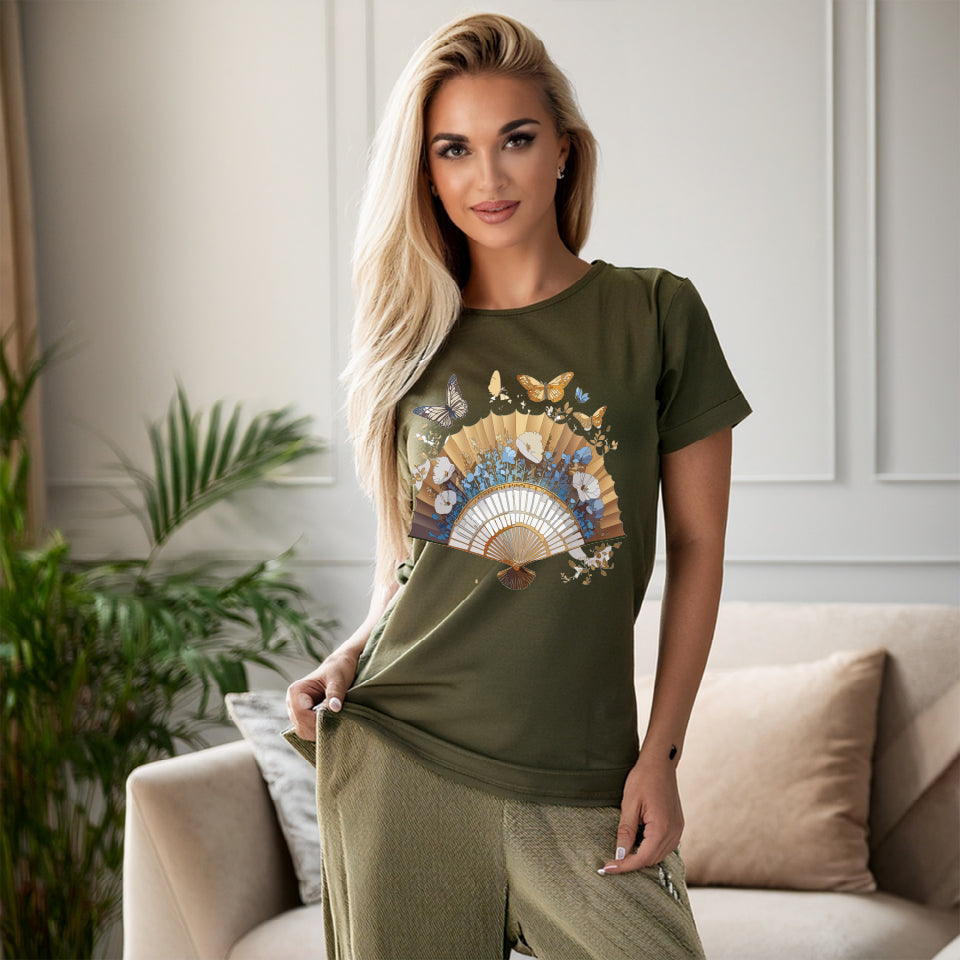 Antique Fan Graphic Design T-Shirt Unisex 100 Cotton Floral Carnival Artwork Tee 1