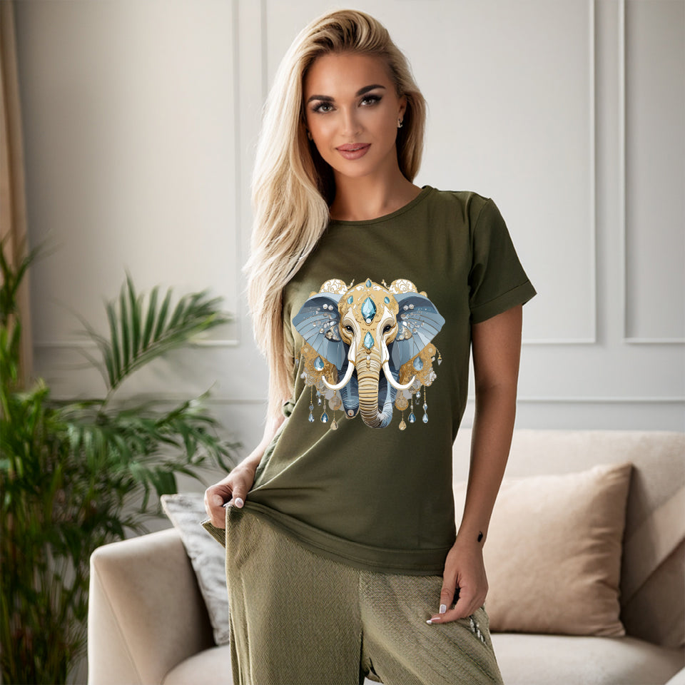 Elephant Graphic Unisex 100 Cotton Tee With Unique Animal Golden Medallion Art Design 35