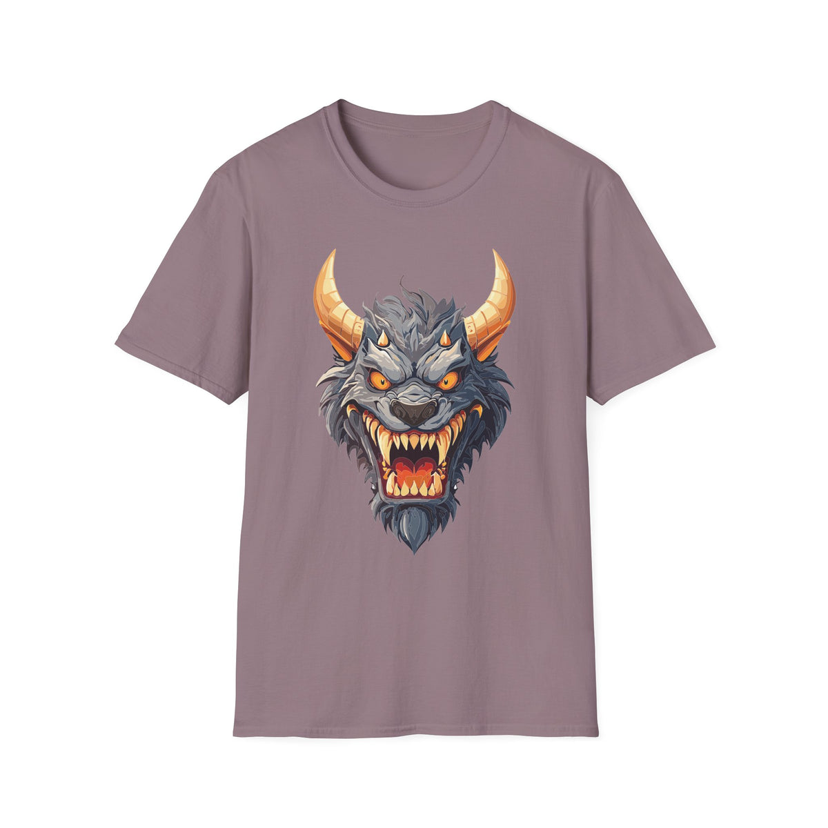 Demonic Beast Head T-Shirt — Horned Monster Cartoon Graphic Tee Unisex 100 Cotton Gildan T-Shirt