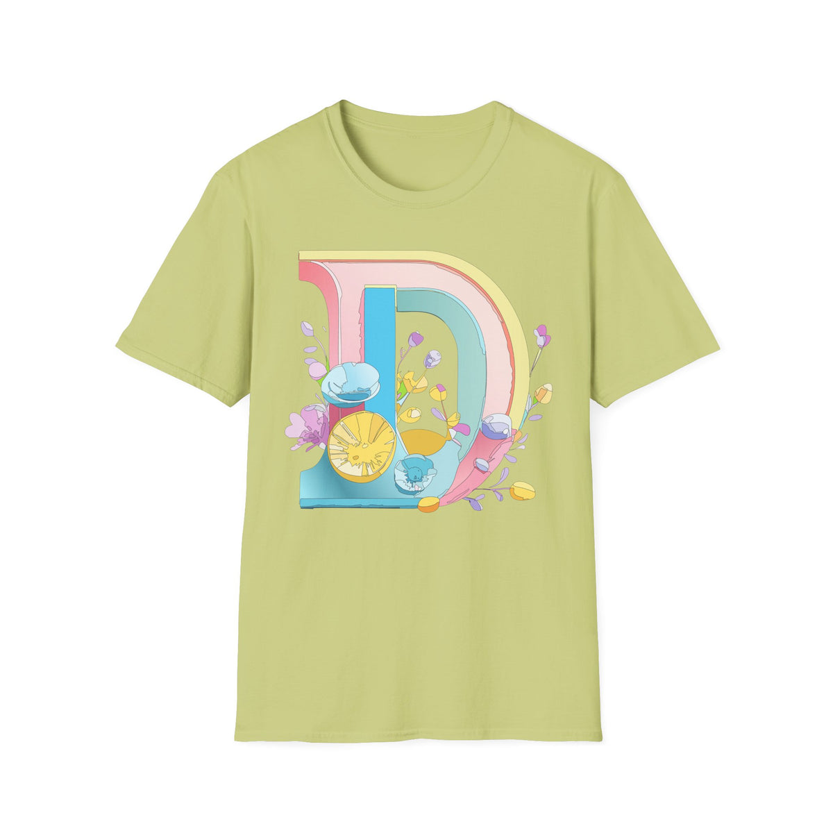 Retro Rainbow Letter D T-Shirt | Floral Lemon Initial Graphic