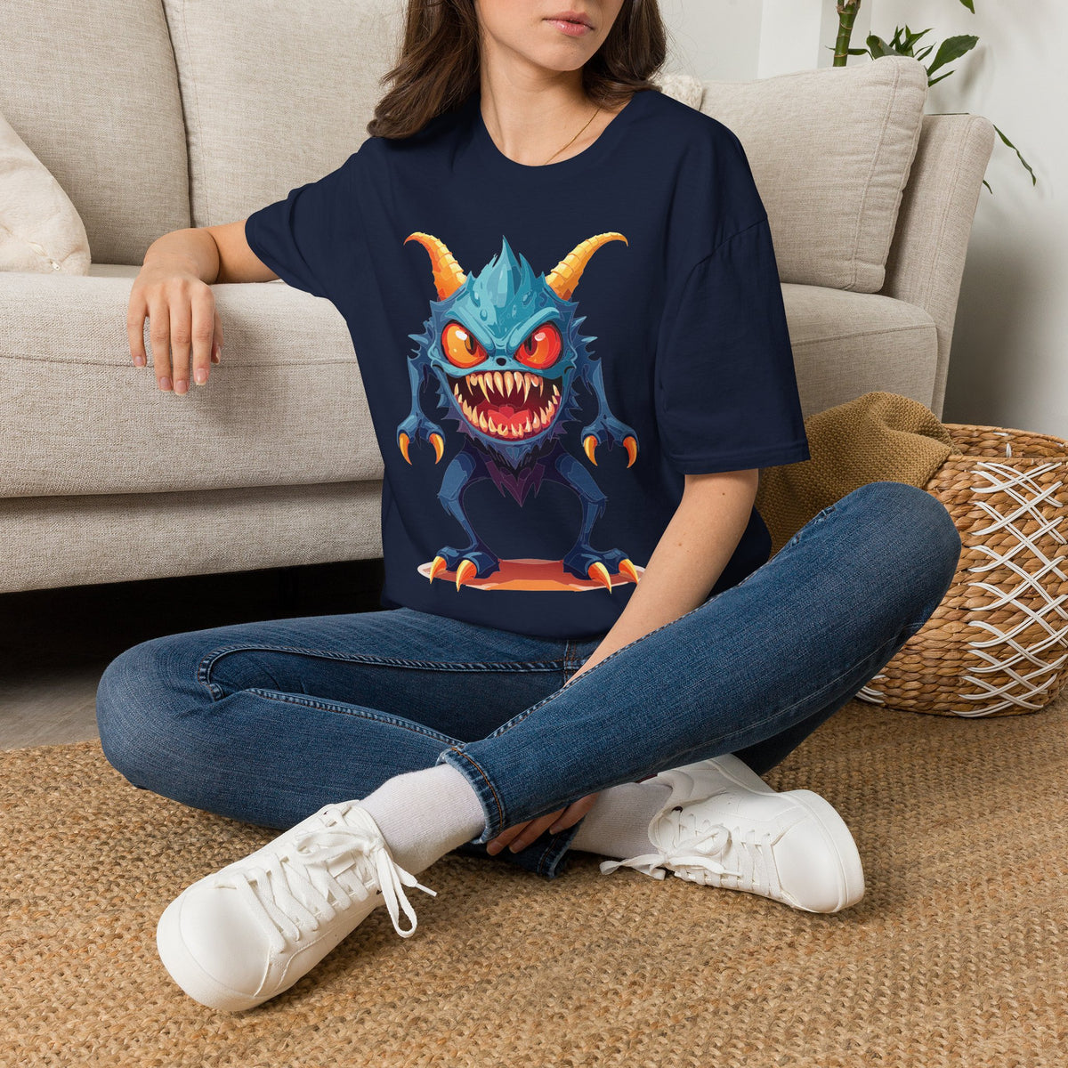 Monster Graphic T-Shirt — Cute Scary Blue Demon Tee for Halloween & Gamer Fans Cartoon Graphic Tee Unisex 100 Cotton Gildan T-Shirt