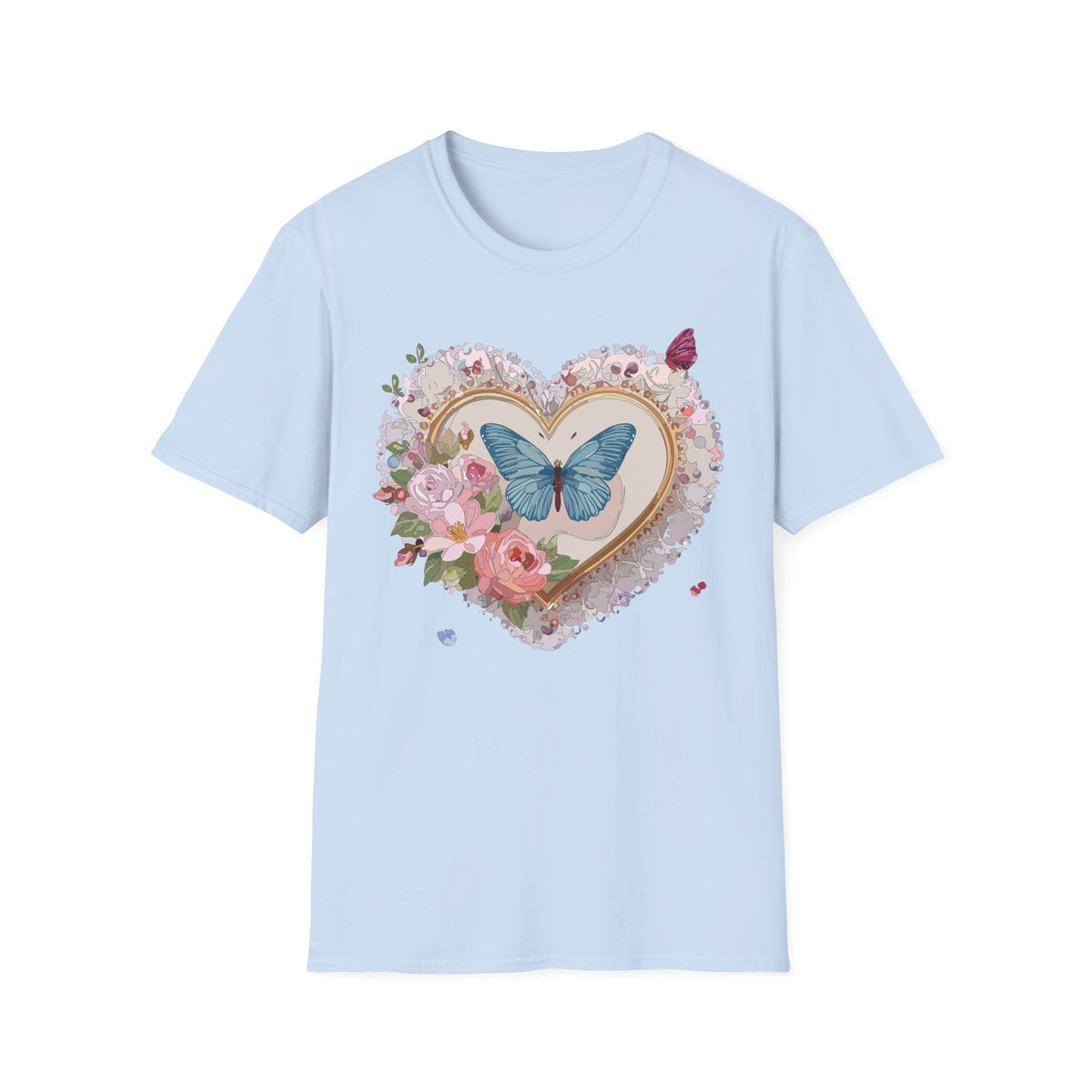 Butterfly Heart T-Shirt — Floral Blue Butterfly Graphic Tee Unisex 100 Cotton Gildan T-Shirt