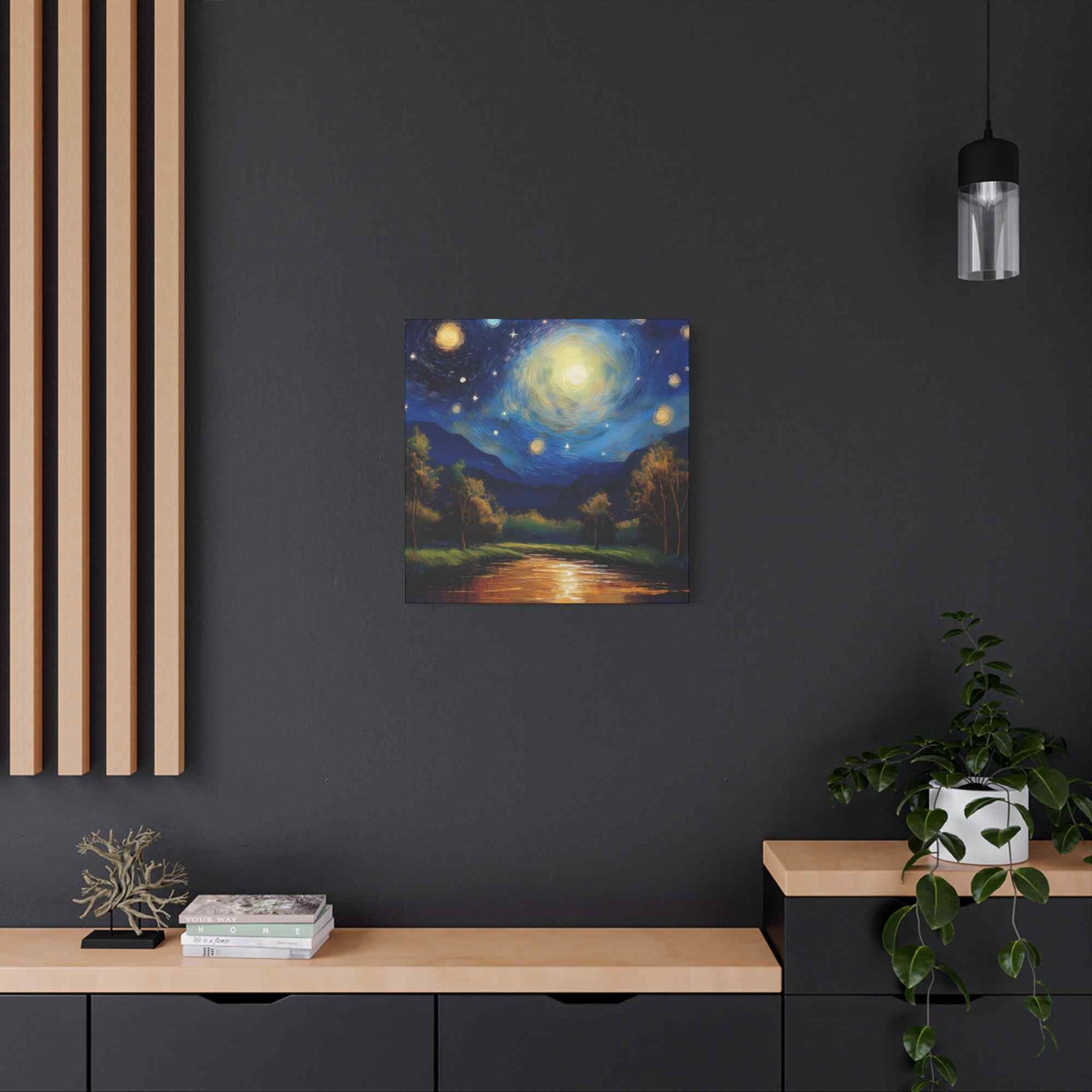Starry Night Print Canvas, Oil Paint Print 20x20, 24x24, 30x30, 32x32, 36x36 Art Design Print Pine-Wood Inner Frame MC-38