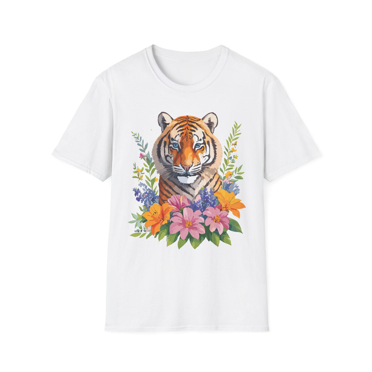 Floral Tiger Illustration T-Shirt | Tiger Face with Flowers