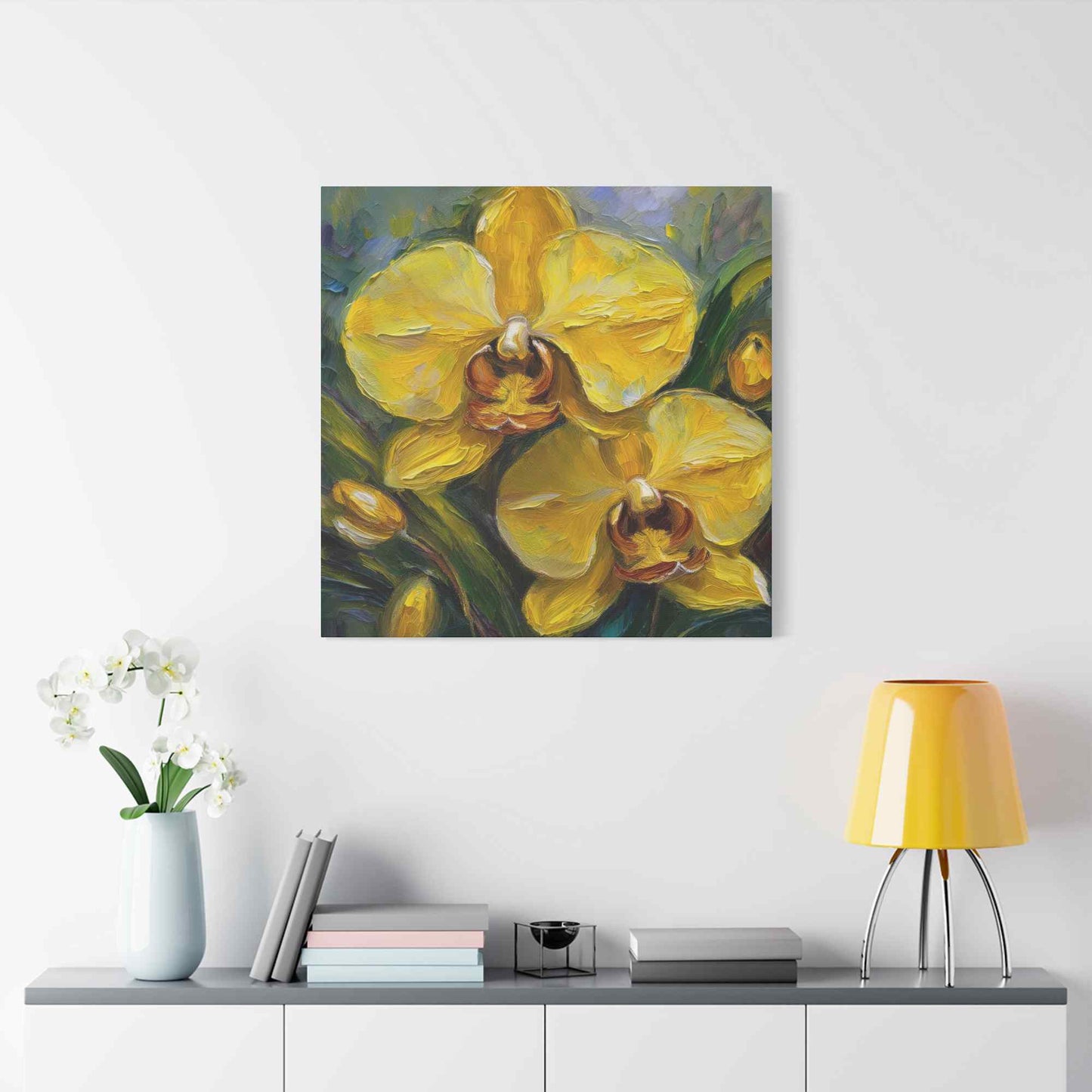 Yellow Orchids Print Canvas, Floral Oil Paint Print 20x20, 24x24, 30x30, 32x32, 36x36 Art Design Pine-Wood Inner Frame MC-140