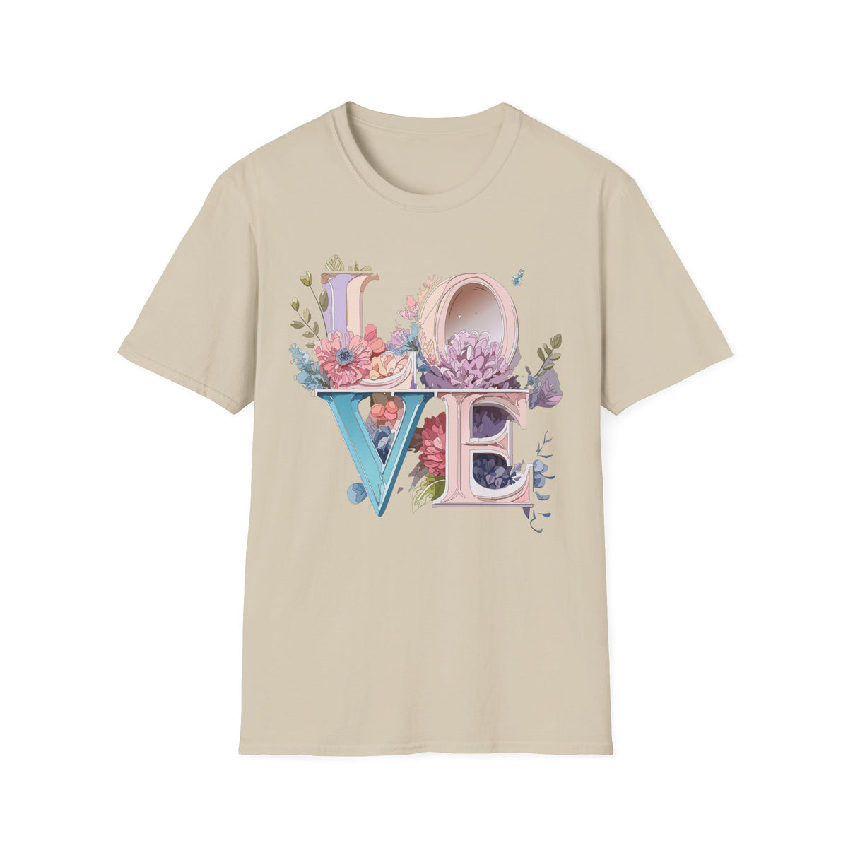 Floral LOVE Typography T-Shirt | Botanical Letter Art, Pastel Bloom Design