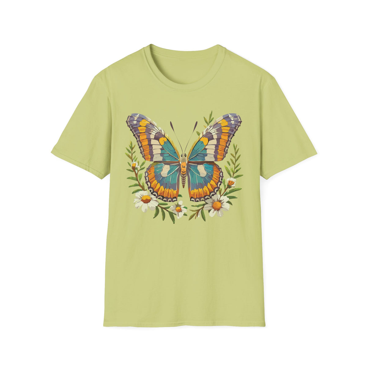Teal Orange Butterfly T-Shirt | Floral Butterfly Illustration Graphic Tee Unisex 100 Cotton Gildan T-Shirt