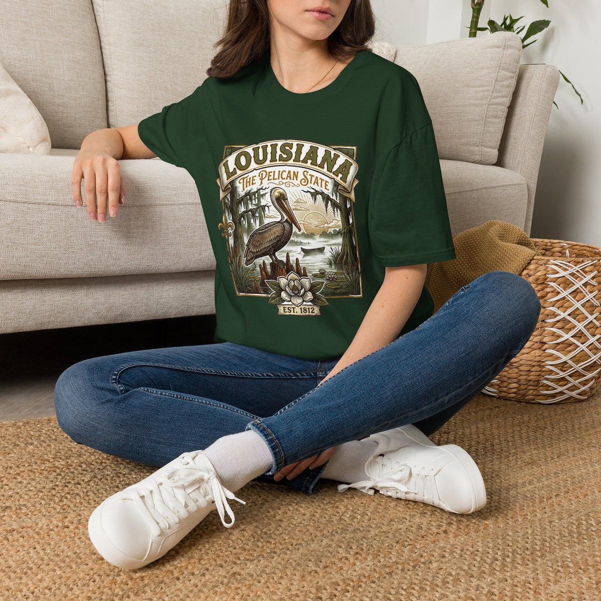 Louisiana Pelican State T-Shirt – Vintage Travel Tourist Graphic Design Unisex 100 Cotton Gildan T-Shirt