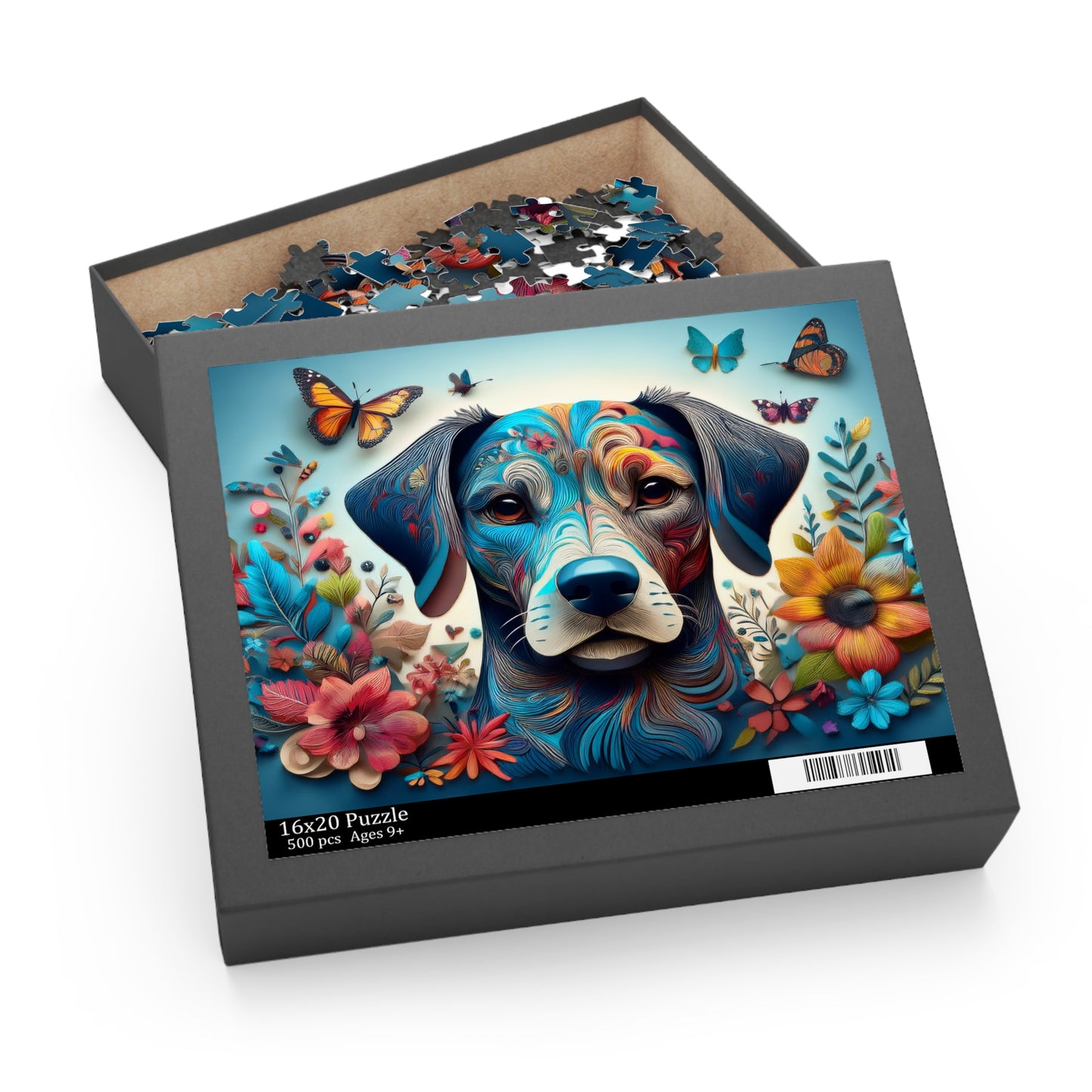 Cute Blue Dog Face Puzzle 500-Piece | Floral Dog Puzzle 500-Piece Ages 9+