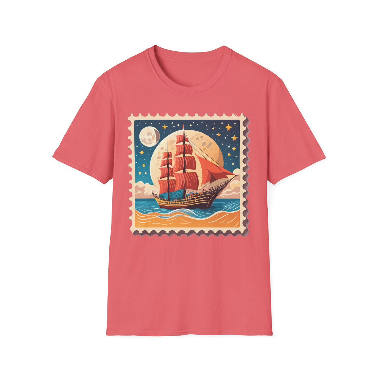 Vintage Sailing Ship Stamp T-Shirt | Retro Moonlit Ocean Illustration