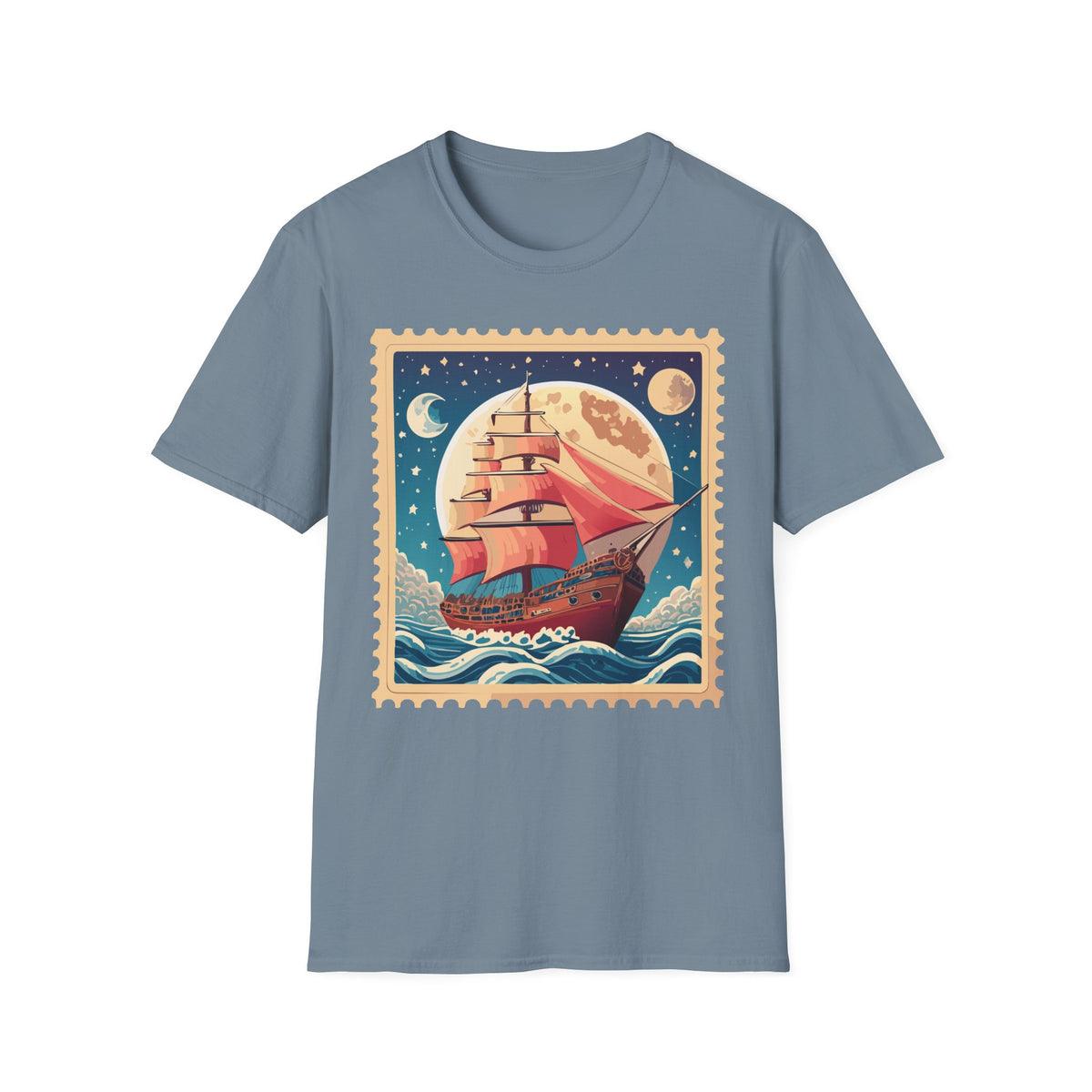 Vintage Sailing Ship Stamp T-Shirt | Moonlit Ocean Illustration