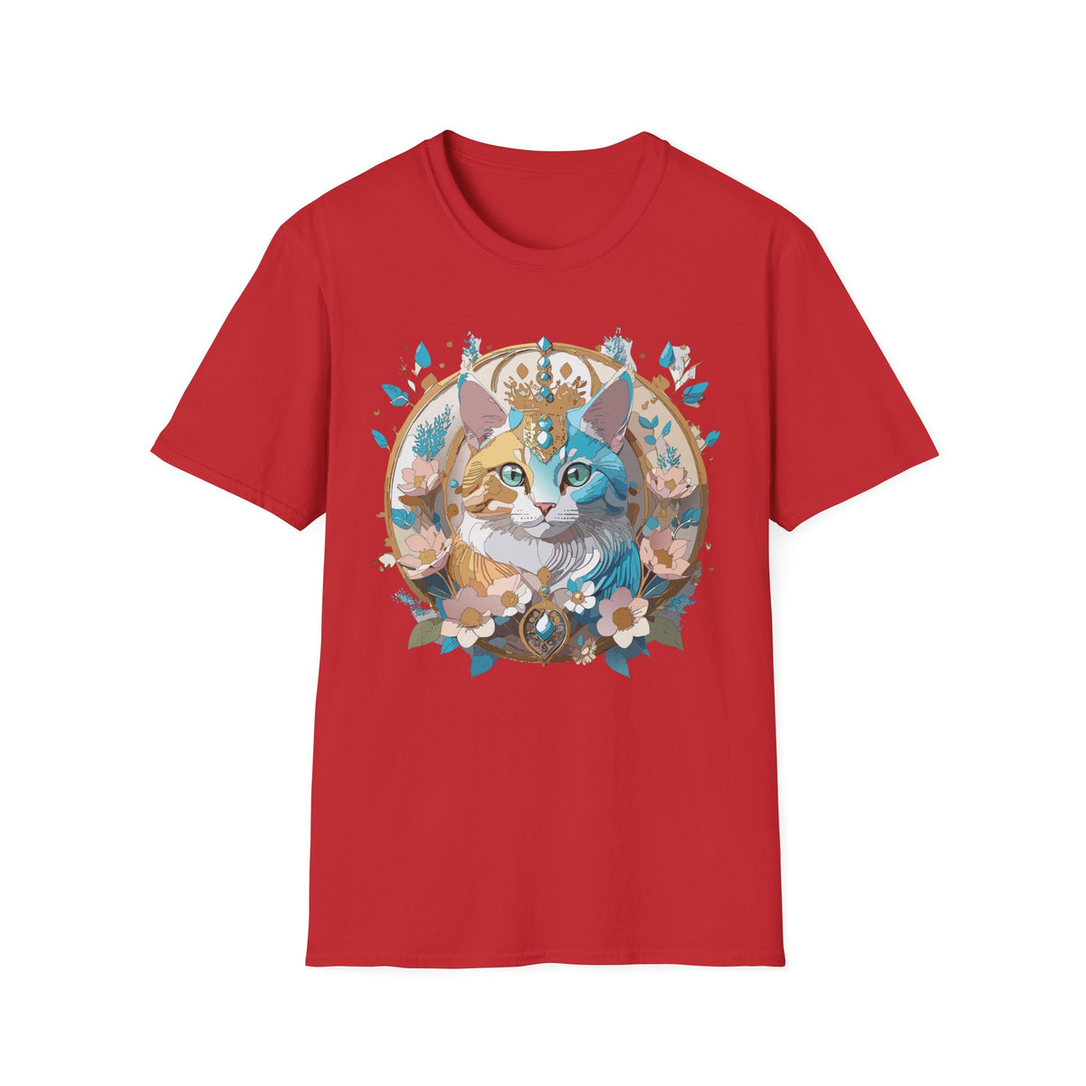 Two-Tone Cat Portrait T-Shirt | Floral Crescent, Boho Kitty
