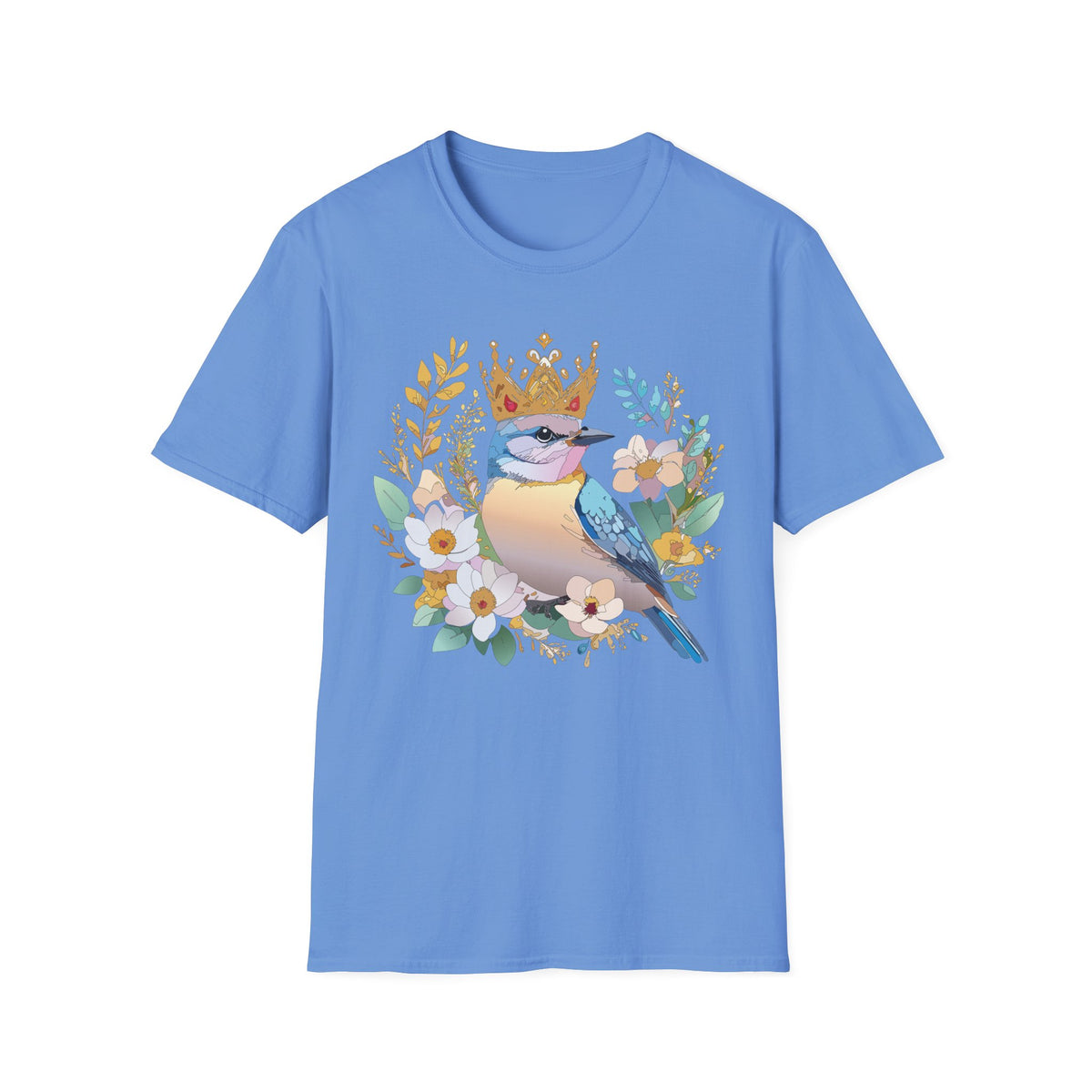 Crowned Bluebird Illustration T-Shirt | Floral Bird Crown Design