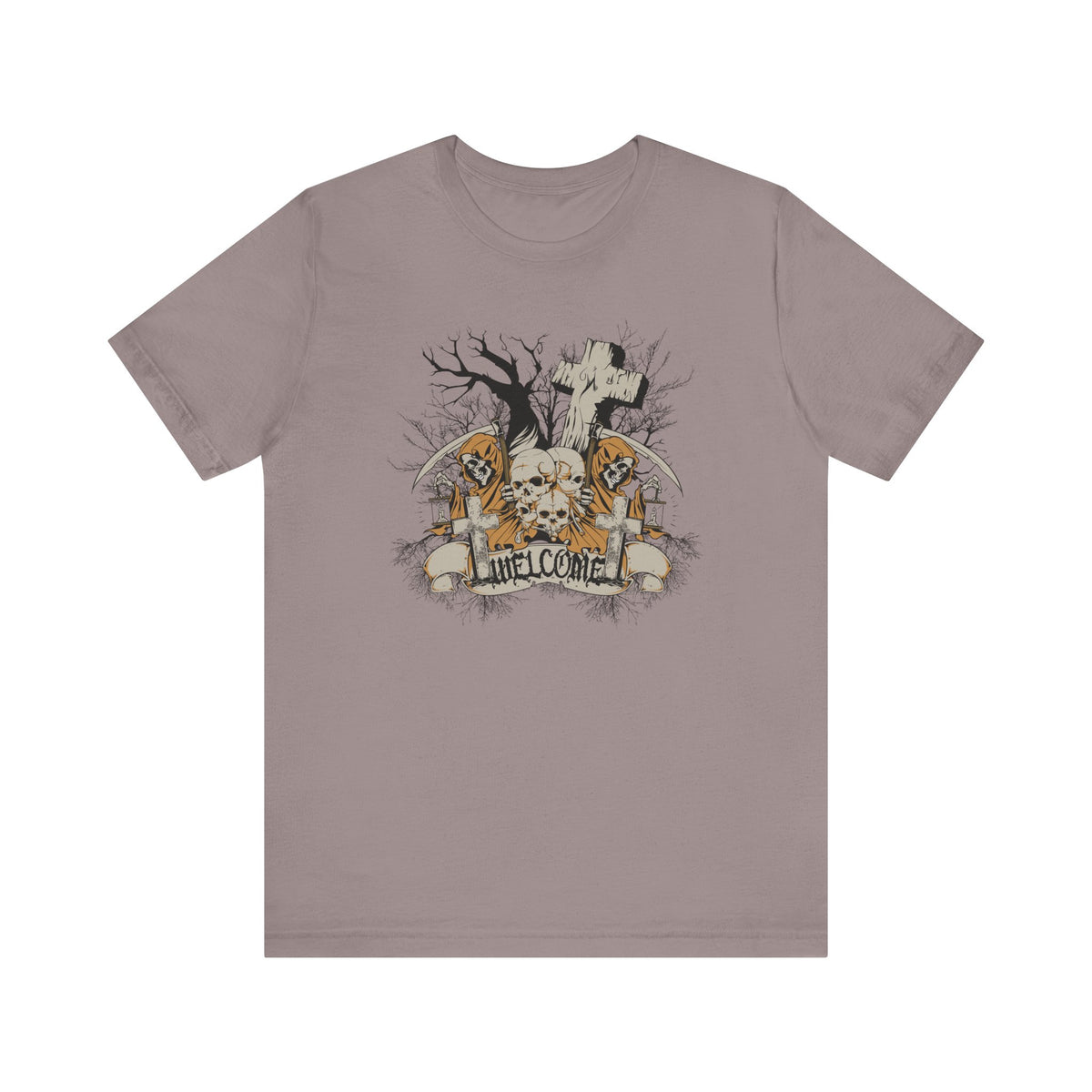 Skull Graveyard Welcome Tee Halloween Haunted Tree Cross Tombstone Unisex Cotton Art-50