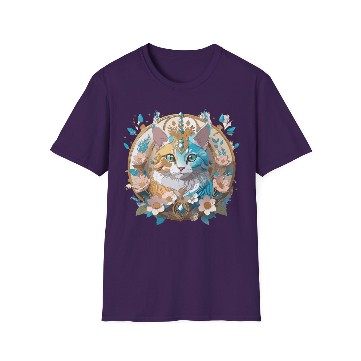 Two-Tone Cat Portrait T-Shirt | Floral Crescent, Boho Kitty