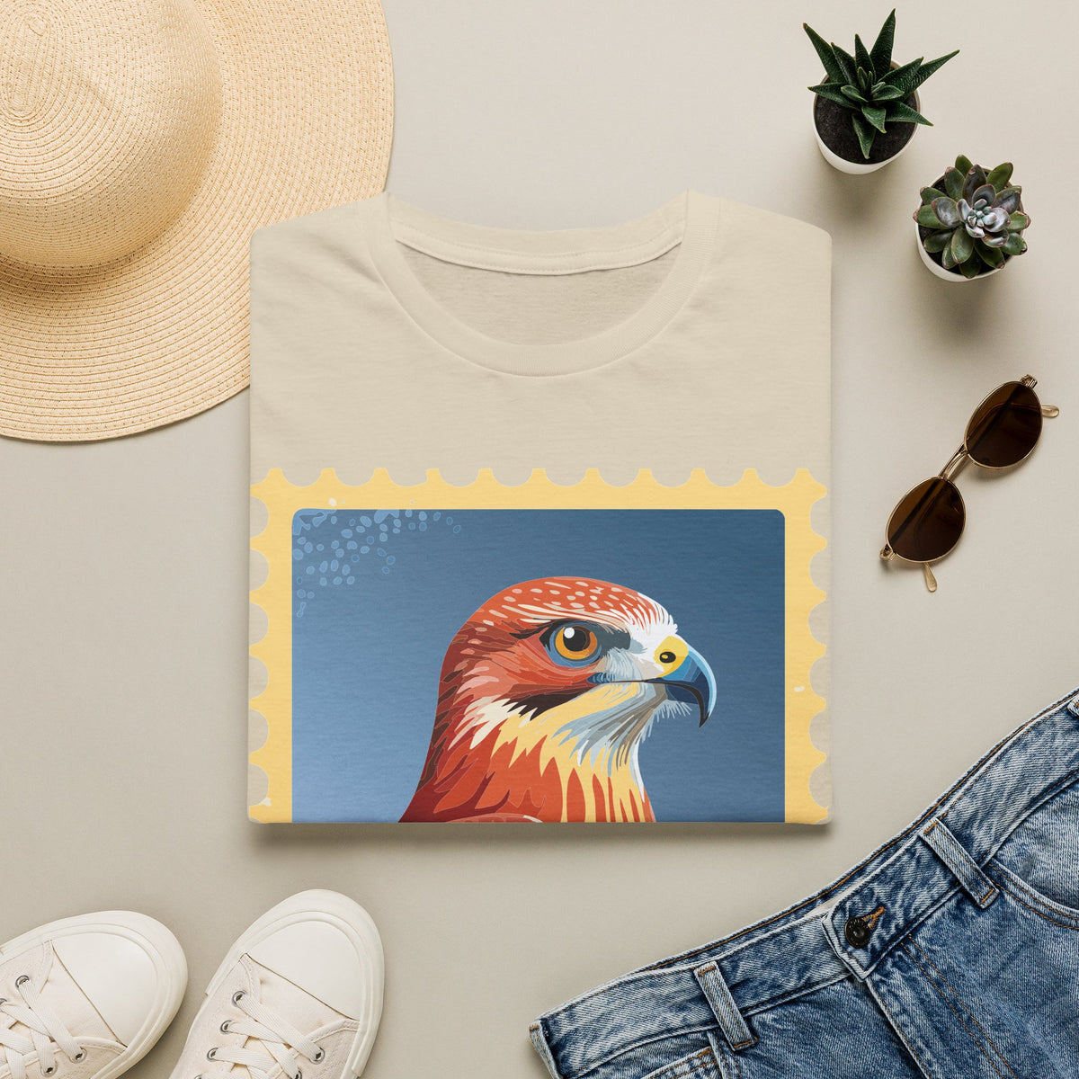 Red Hawk Portrait T-Shirt | Falcon Stamp Graphic Tee Unisex 100 Cotton Gildan T-Shirt