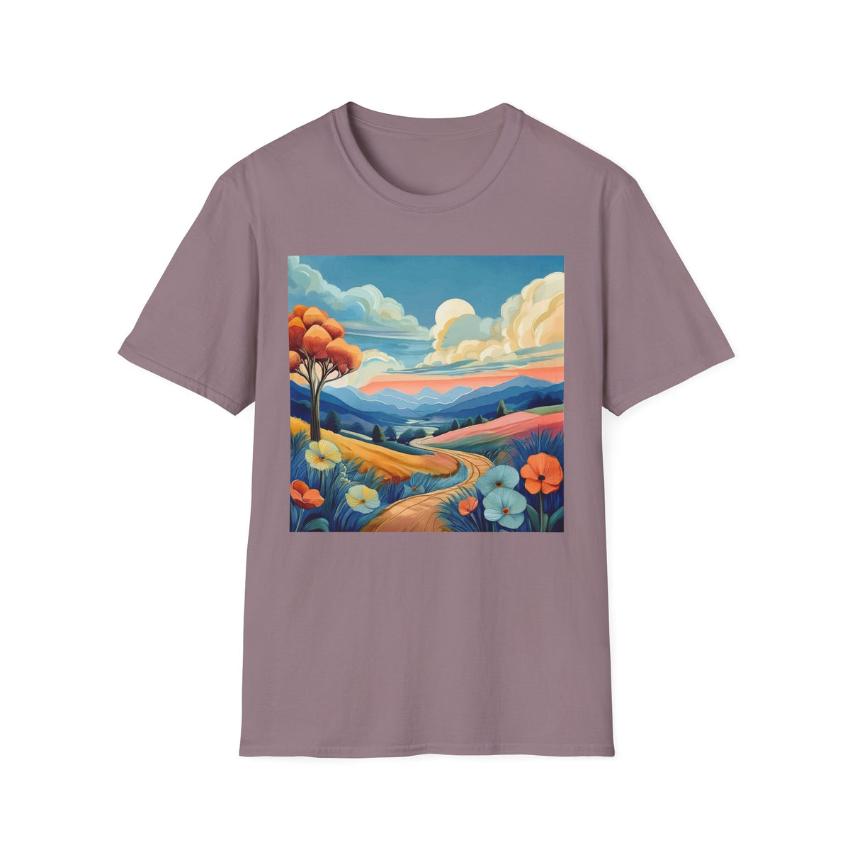 Colorful Mountain Landscape Graphic Posters, Post Stamps Design Unisex 100 Cotton Gildan T-Shirt