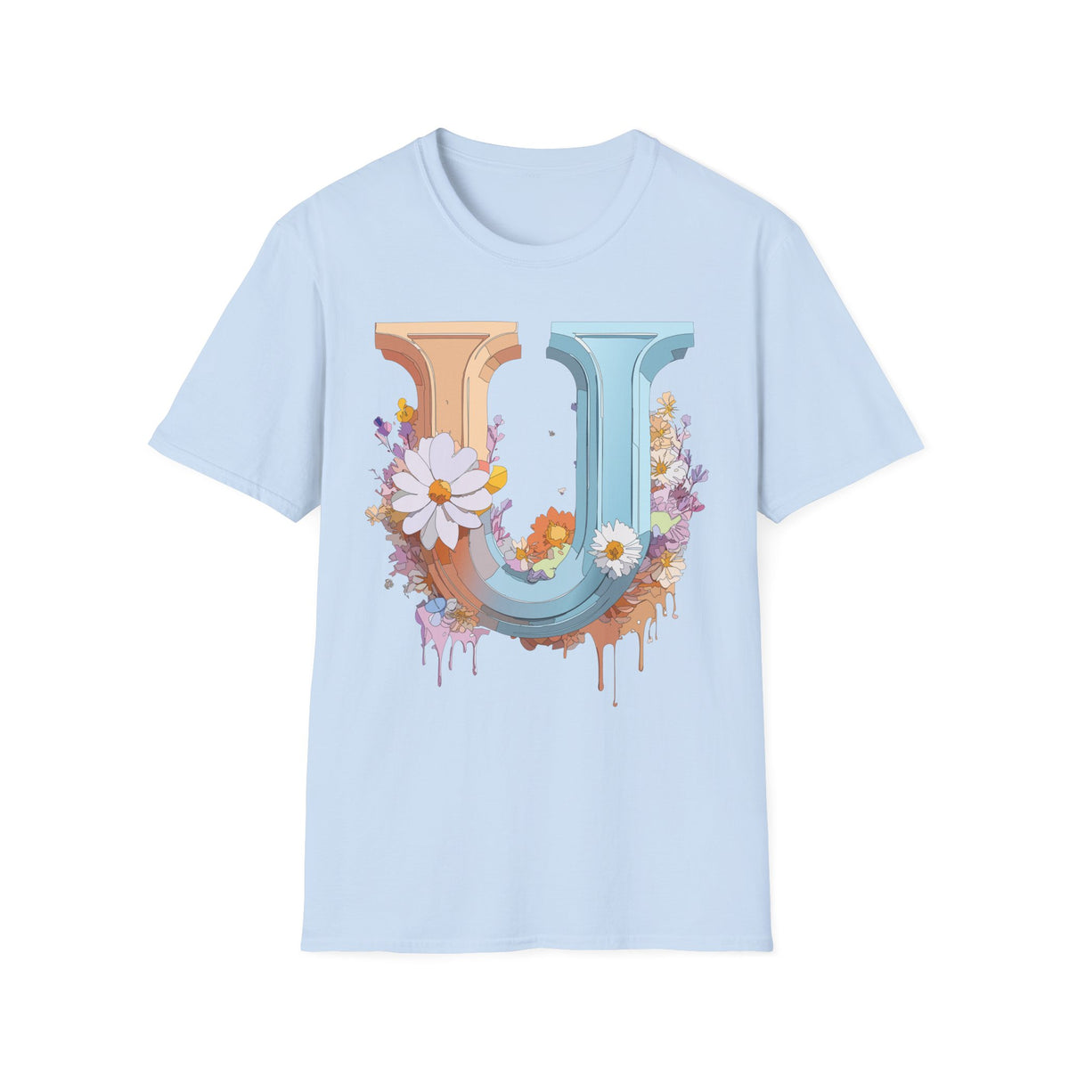 Floral Letter U T-Shirt | Vintage Block Initial with Daisies