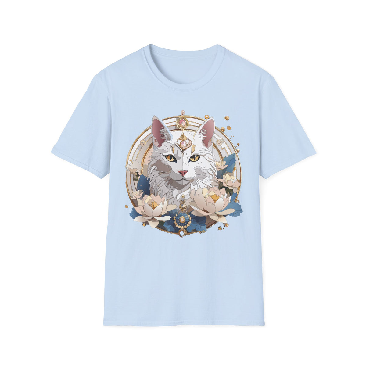 Mystic Moon Cat T-Shirt | Crescent, Floral, Magical Cat Portrait