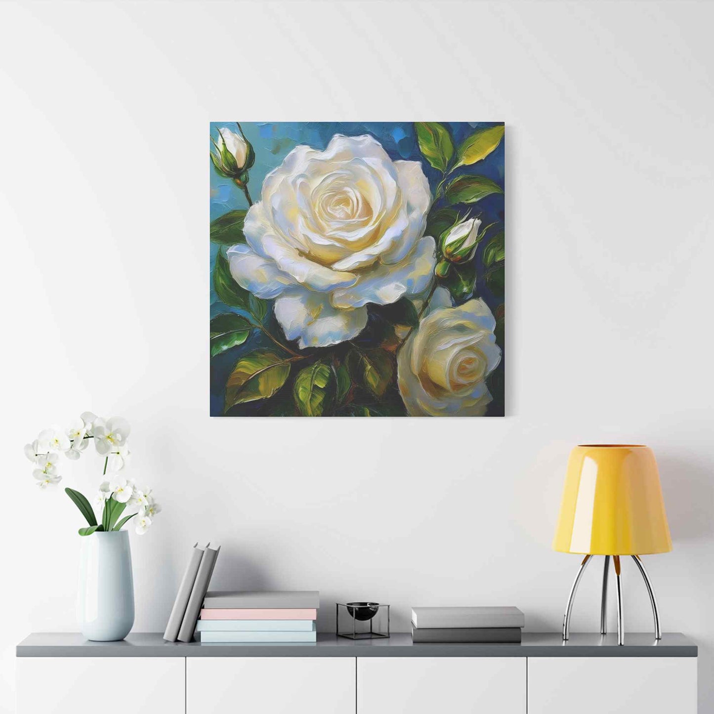 White Roses Print Canvas, Roses Oil Paint Print 20x20, 24x24, 30x30, 32x32, 36x36, Floral Art Design Print Non-Frame MC-19
