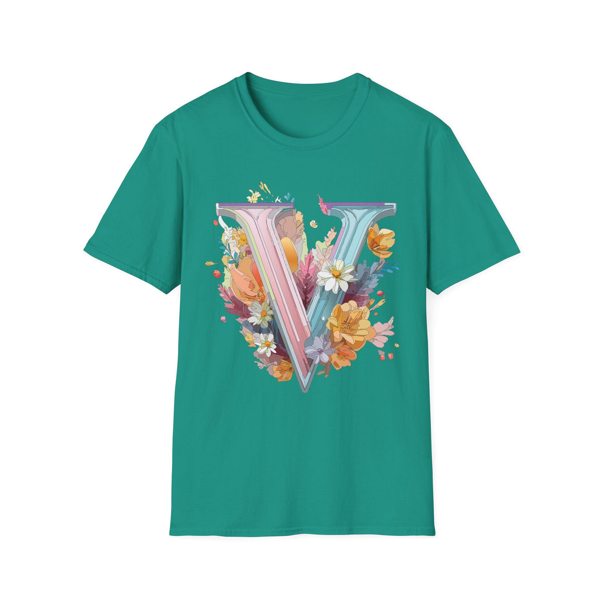 Floral Letter V T-Shirt | Pastel Botanical Initial Tee