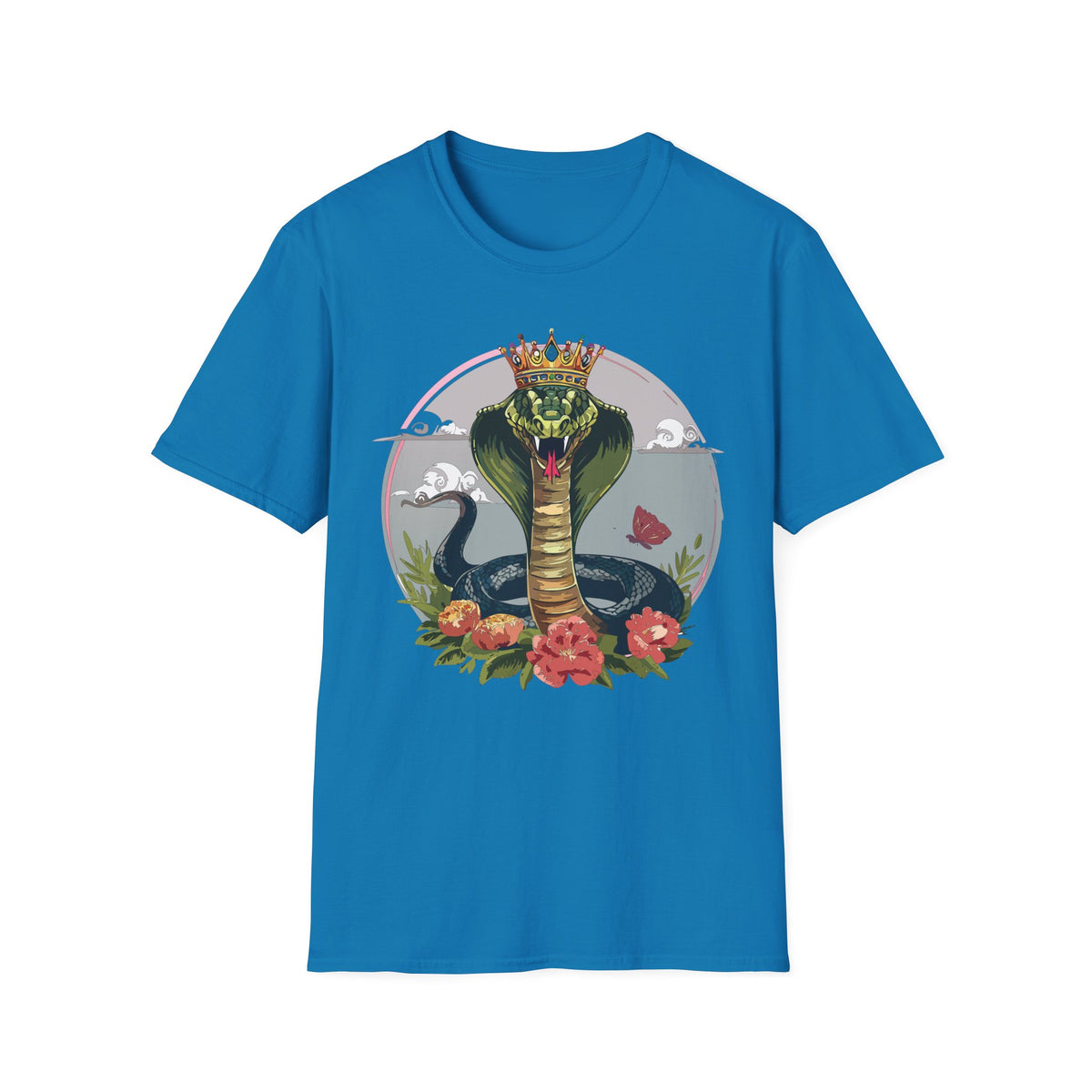 Crowned King Cobra T-Shirt | Snake Illustration, Floral Accent